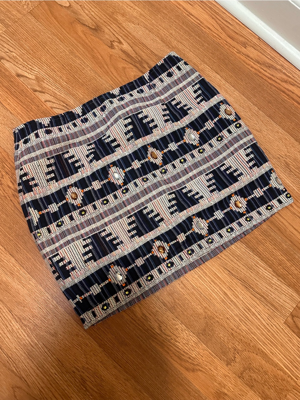 english rose Navy and Cream Patterned Mini Skirt with Accent Beading